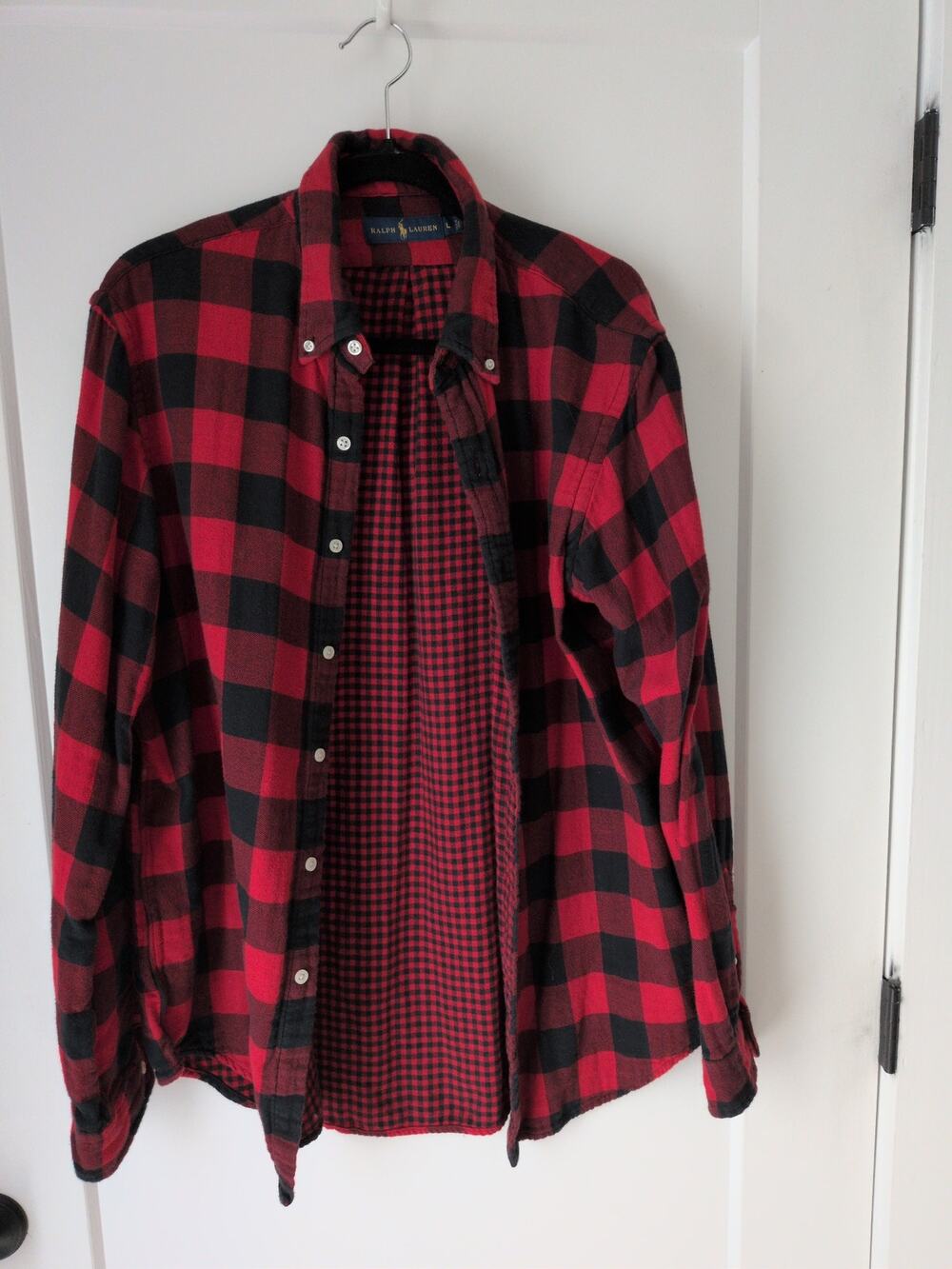 Ralph Lauren Buffalo Plaid Flannel Shirt Mens Large Red Black Double Face Cotton